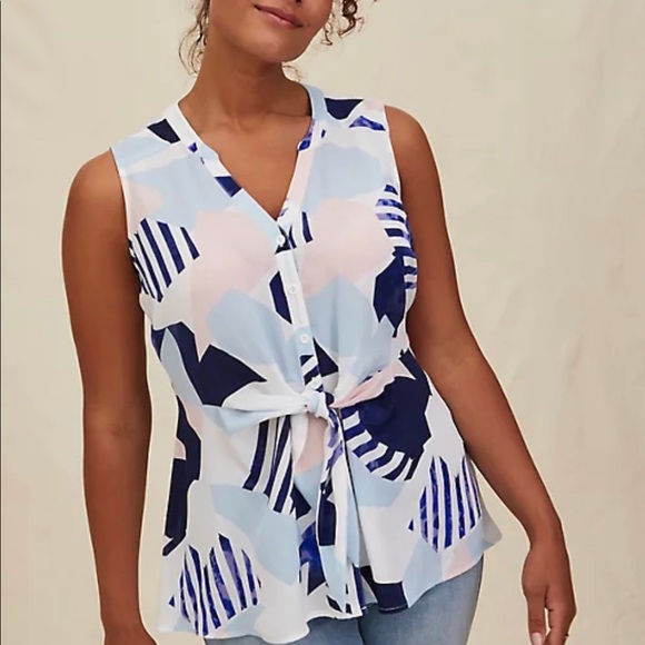 torrid Tops - MULTI GEO GEORGETTE PEPLUM TIE SLEEVELESS BLOUSE